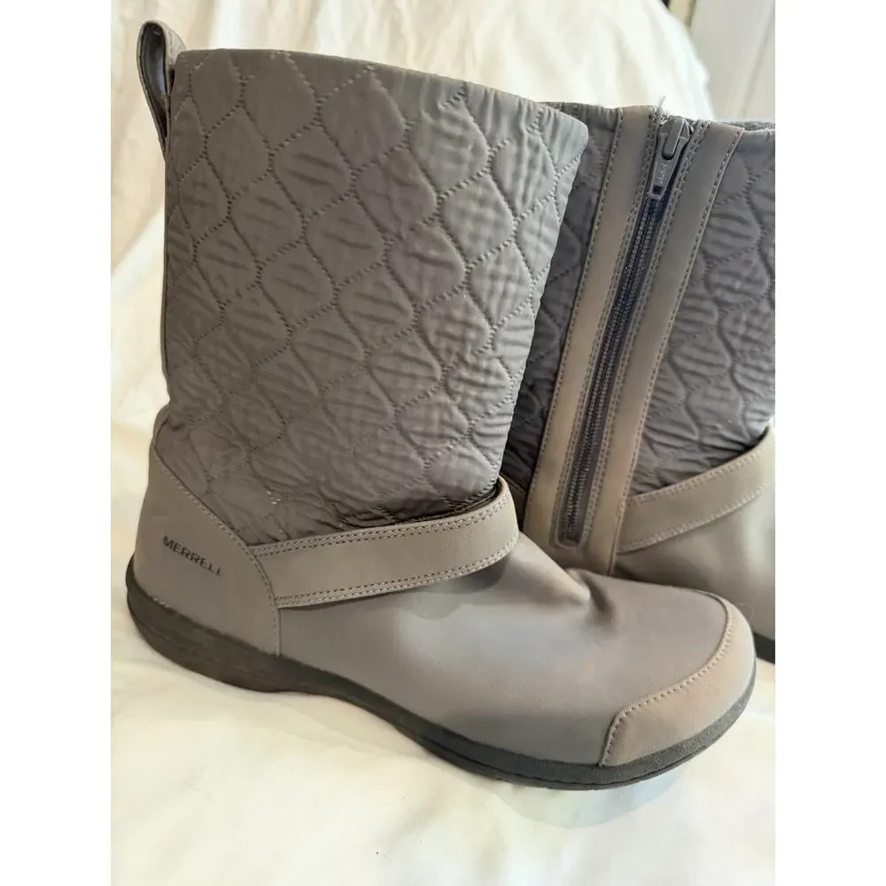 MERRELL Winter Boots Women’s 8 Encore Kassie Gray Zipper Lined Quilted Pattern